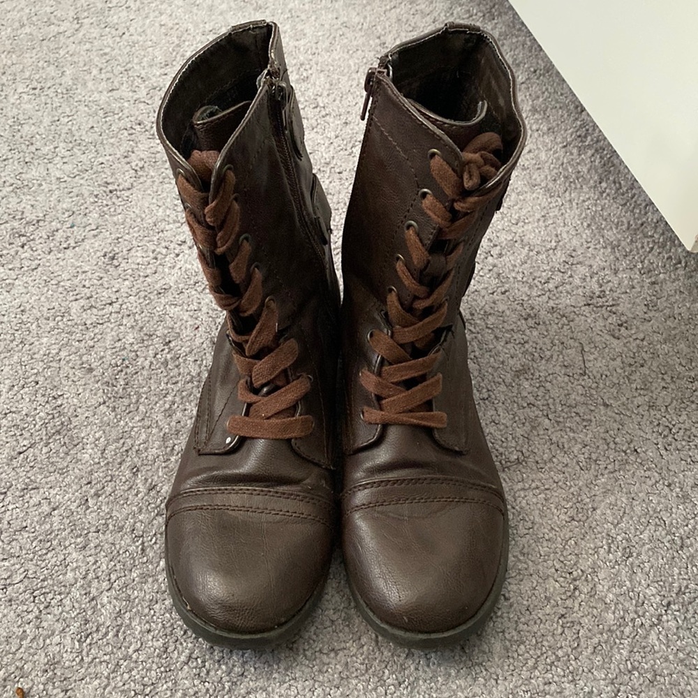 Brown Leather Military Style Laced Zip Up Boots 8.5